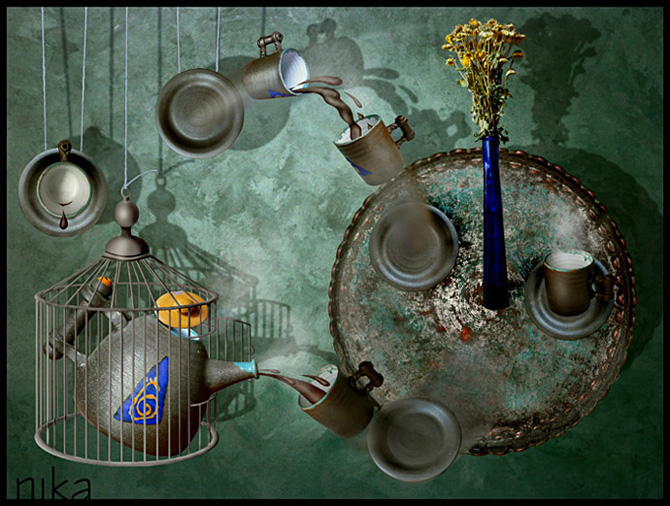 © e_nika - натюрморт с прыгающими чашками и чайником, мечтающим стать птицей