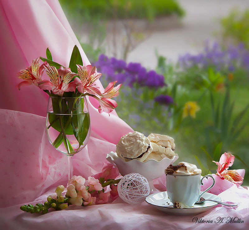 © Viktoria Mullin - Mikasa Cup of Coffee Pink Freesia Lupine and Deep Purple Irises-Viktoria Mullin
