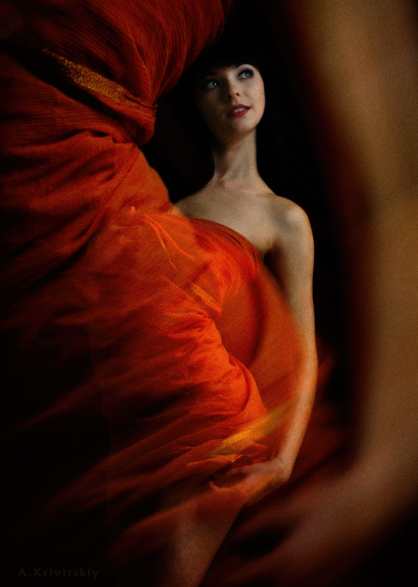 © Alexander Krivitskiy - Portrait. Photo theater. Girl and red cloth.
